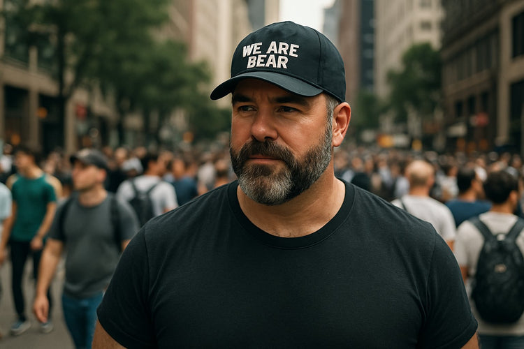 BEARDED GUY IN BUSY SHOPPING LOCATION, WEARING A BLACK T-SHIRT AND A BASEBALL CAP THAT READS WE ARE BEAR