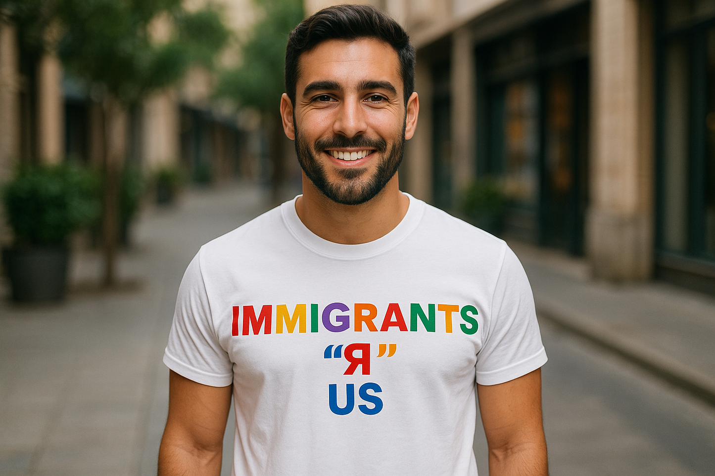 Generated image of Mediterranean man wearing the actual Immigrants R Us t-shirt design